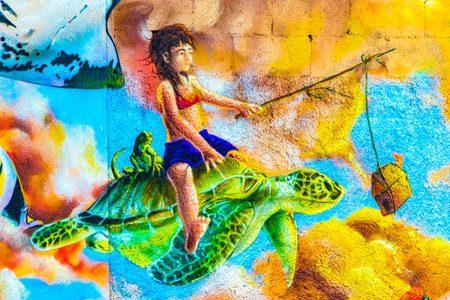 Playa del Carmen Quintana Roo Mexico April 4, 2021 Artistic walls with turtle and caribbean fish paintings and graffiti in Playa del Carmen Quintana Roo Mexico.のeditorial素材