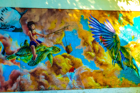 Playa del Carmen Quintana Roo Mexico April 4, 2021 Artistic walls with turtle and caribbean fish paintings and graffiti in Playa del Carmen Quintana Roo Mexico.のeditorial素材
