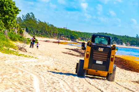 Playa del Carmen Quintana Roo Mexico August 5, 2021 Excavator digging in the sand and sea for sea...