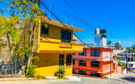 Puerto Escondido Oaxaca Mexico January 27, 2023 Typical beautiful colorful tourist street road and...