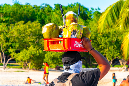 Playa del Carmen Quintana Roo Mexico May 03, 2023 Beach vendor with coco coconut coconuts food basket box on head in Playa del Carmen Quintana Roo Mexico.のeditorial素材