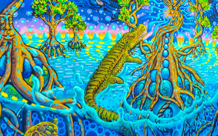 Playa del Carmen Quintana Roo Mexico May 06, 2023 Artistic walls with paintings and graffiti in Playa del Carmen Mexico.のeditorial素材