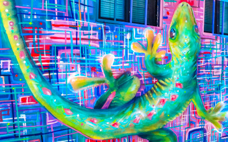 Playa del Carmen Quintana Roo Mexico May 6, 2023 Artistic walls with gecko reptile lizard iguanan paintings and graffiti in Playa del Carmen Mexico.のeditorial素材