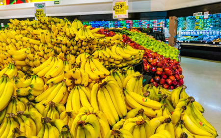 Playa del Carmen Quintana Roo Mexico May 6, 2023 Banana stand in supermarket in Playa del Carmen Quintana Roo Mexico.のeditorial素材