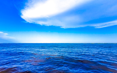 Tropical mexican caribbean beach landscape panorama with clear turquoise blue water in Playa del Carmen Mexico.の写真素材