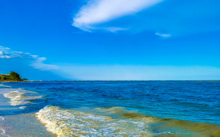 Tropical mexican caribbean beach landscape panorama with clear turquoise blue water in Playa del Carmen Mexico.の写真素材