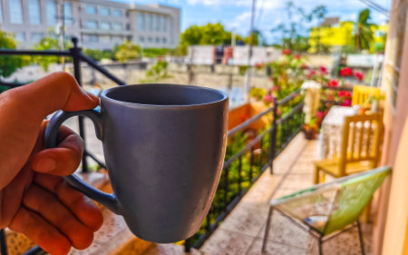 Blue coffee cup in a Mexican apartment in Playa del Carmen.の写真素材