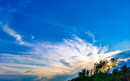Blue sky with chemical cumulus clouds chemical sky scalar waves and chemtrails on sunny day in Playa...