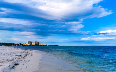 Tropical mexican caribbean beach landscape panorama with clear turquoise blue water in Playa del Carmen Mexico.の写真素材