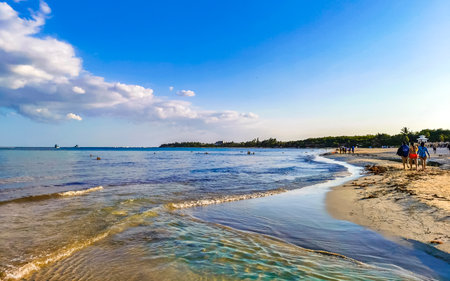 Playa del Carmen Quintana Roo Mexico June 3, 2023 Tropical Mexican Caribbean beach and cenote panorama view with a lot of fun people sun loungers parasols from Punta Esmeralda in Playa del Carmen Mexico.のeditorial素材
