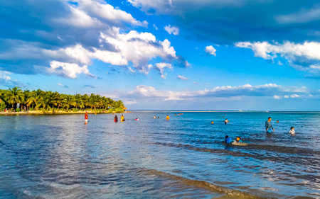 Playa del Carmen Quintana Roo Mexico June 3, 2023 Tropical Mexican Caribbean beach and cenote panorama view with a lot of fun people sun loungers parasols from Punta Esmeralda in Playa del Carmen Mexico.のeditorial素材