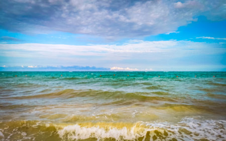 Tropical mexican caribbean beach landscape panorama with clear turquoise blue water in Playa del Carmen Mexico.の写真素材