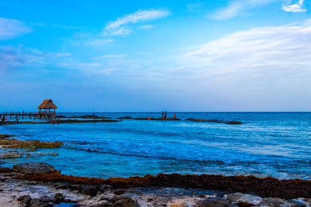 Playa del Carmen Quintana Roo Mexico August 14, 2023 Tropical mexican caribbean beach landscape panorama with clear turquoise blue water and jetty pier with palapa bungalow in Punta and Playa Xcalacoco Playa del Carmen Mexico.のeditorial素材