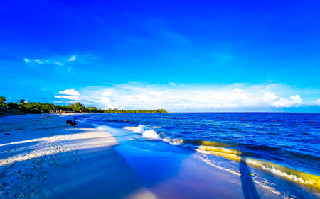 Tropical Mexican Caribbean beach landscape panorama with clear turquoise blue water resorts and palm trees in Playa del Carmen Mexico.のeditorial素材