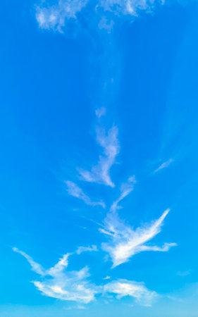 Blue sky with chemical cumulus clouds chemical sky scalar waves and chemtrails on sunny day in Playa del Carmen Mexico.の写真素材