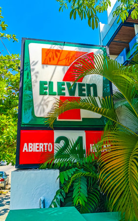 Playa del Carmen Quintana Roo Mexico June 19, 2023 7 Eleven shop store with entrance and logo in...