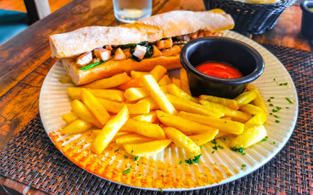 Baguette or sandwich toast bread with chicken tomato salad and potato fries in Playa del Carmen...