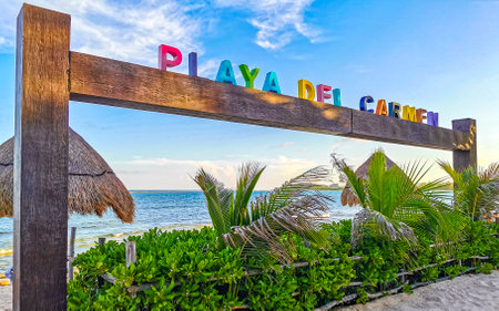 Playa del Carmen Mexico August 13, 2023 Colorful Playa del Carmen lettering sign symbol on beach Punta Esmeralda in Playa del Carmen Quintana Roo Mexico.のeditorial素材
