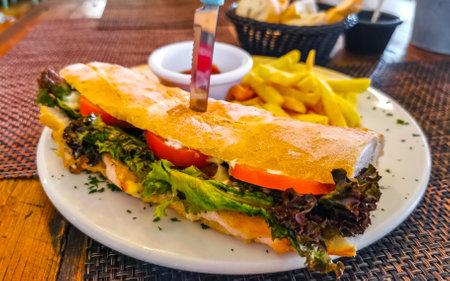 Baguette or sandwich toast bread with chicken tomato salad and potato fries in Playa del Carmen Quintana Roo Mexico.の写真素材