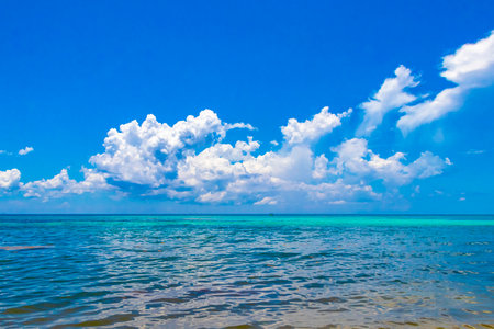 Tropical mexican caribbean beach landscape panorama with clear turquoise blue water in Playa del Carmen Mexico.の写真素材