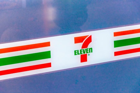 Playa del Carmen Quintana Roo Mexico August 5, 2023 7 Eleven shop store with entrance and logo in Playa del Carmen Quintana Roo Mexico.のeditorial素材