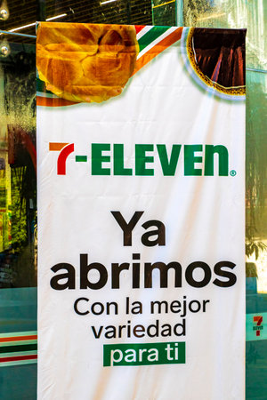 Playa del Carmen Quintana Roo Mexico August 5, 2023 7 Eleven shop store with entrance and logo in...