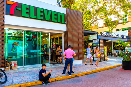 Playa del Carmen Quintana Roo Mexico August 5, 2023 7 Eleven shop store with entrance and logo in...
