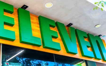 Playa del Carmen Quintana Roo Mexico August 5, 2023 7 Eleven shop store with entrance and logo in Playa del Carmen Quintana Roo Mexico.のeditorial素材