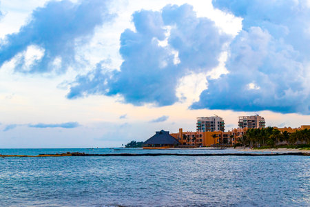 Tropical mexican caribbean beach landscape panorama with clear turquoise blue water in Playa del Carmen Mexico.の写真素材