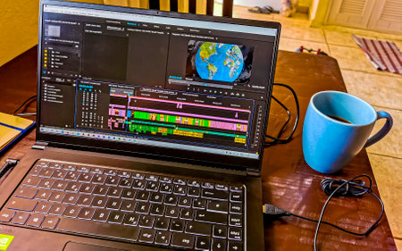 Playa del Carmen Quintana Roo Mexico April 11, 2021 Laptop work at table with coffee cup at home office and cafe in Playa del Carmen Quintana Roo Mexico.のeditorial素材