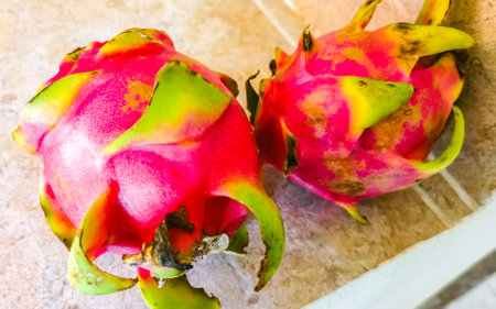 Pitaya pink dragonfruit dragonfruit pitahaya in market street food in Playa del Carmen Quintana Roo Mexico.の写真素材
