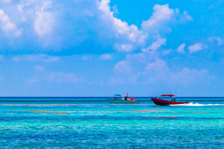 Playa del Carmen Quintana Roo Mexico August 05, 2023 Boat yacht catamaran ship ferry jetty pier and harbor at the tropical Mexican Caribbean beach panorama view and turquoise blue water in Playa del Carmen Mexico.の写真素材