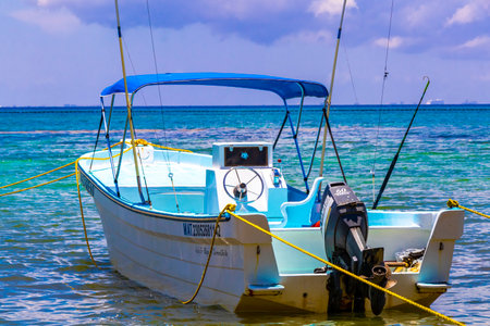 Playa del Carmen Quintana Roo Mexico August 05, 2023 Boat yacht catamaran ship ferry jetty pier and harbor at the tropical Mexican Caribbean beach panorama view and turquoise blue water in Playa del Carmen Mexico.のeditorial素材