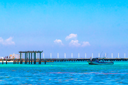 Playa del Carmen Quintana Roo Mexico August 05, 2023 Boat yacht catamaran ship ferry jetty pier and harbor at the tropical Mexican Caribbean beach panorama view and turquoise blue water in Playa del Carmen Mexico.のeditorial素材