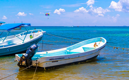 Playa del Carmen Quintana Roo Mexico August 05, 2023 Boat yacht catamaran ship ferry jetty pier and harbor at the tropical Mexican Caribbean beach panorama view and turquoise blue water in Playa del Carmen Mexico.のeditorial素材