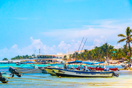 Playa del Carmen Quintana Roo Mexico August 05, 2023 Boat yacht catamaran ship ferry jetty pier and harbor at the tropical Mexican Caribbean beach panorama view and turquoise blue water in Playa del Carmen Mexico.のeditorial素材