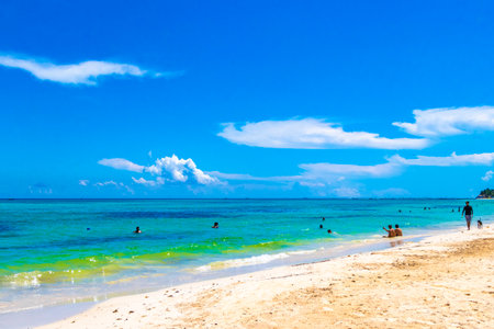 Playa del Carmen Quintana Roo Mexico September 9, 2023 Tropical Mexican Caribbean beach and sea with a lot of fun people sun loungers parasols turquoise water in Playa del Carmen Mexico.のeditorial素材