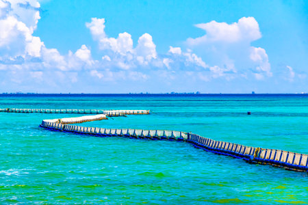Tropical Mexican Caribbean beach and sea with Sargazo seaweed sea weed net rope and buoys in clear turquoise blue water in Playa del Carmen Mexico.の写真素材