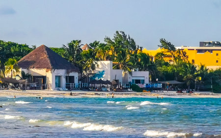 Playa del Carmen Quintana Roo Mexico July 20, 2023 Tropical Mexican Caribbean beach and sea with a...