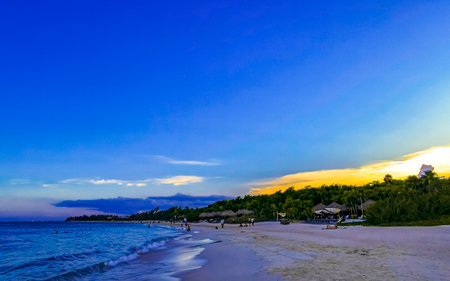 Playa del Carmen Quintana Roo Mexico August 4th, 2023 Tropical Mexican Caribbean beach and sea with a lot of fun people sun loungers parasols turquoise water in Playa del Carmen Mexico.のeditorial素材