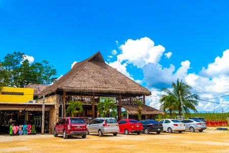 Coba Quintana Roo Mexico October 01, 2023 Parking lot stores shops restaurants ticket hut and entrance to Coba ruins in Coba Municipality Tulum Quintana Roo Mexico.のeditorial素材
