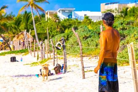 Playa del Carmen Quintana Roo Mexico August 5, 2023 Tropical Mexican Caribbean beach and sea with a lot of fun people sun loungers parasols turquoise water in Playa del Carmen Mexico.のeditorial素材