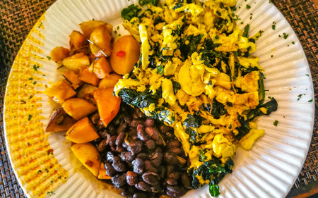 Mexican breakfast with scrambled eggs with spinach fruit and potatoes nicely arranged on white plate in Playa del Carmen Quintana Roo Mexico.の写真素材
