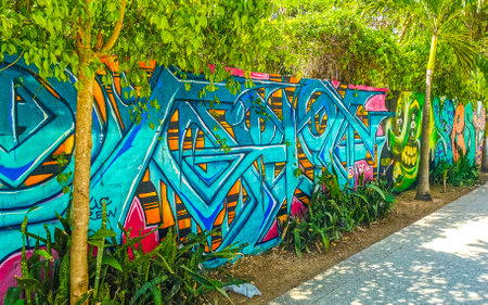 Playa del Carmen Quintana Roo Mexico June 19, 2023 Artistic walls with paintings and graffiti in...