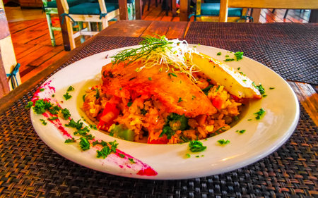 Grilled fish on rice vegetables and chipotle sauce dish meal in Playa del Carmen Quintana Roo...