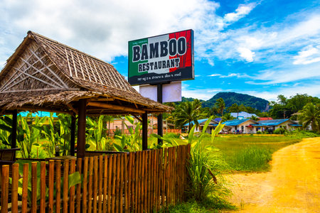 Ao Nang Krabi Thailand October 20, 2018 Wooden bamboo cottage hut Bamboo Restaurant in natural tropical jungle resort in Ao Nang Amphoe Mueang Krabi Thailand in Southeast Asia.のeditorial素材
