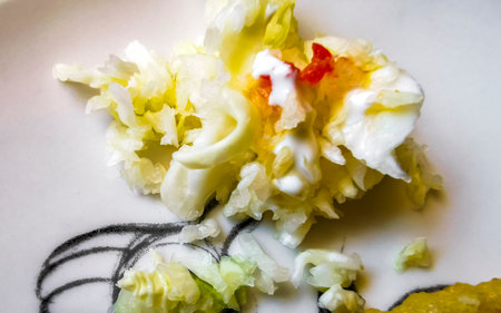 Mexican empanada with cabbage and hot sauce on white plate background from Playa del Carmen in Mexico.の写真素材