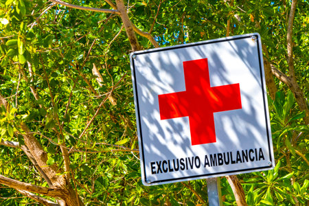 Playa del Carmen Quintana Roo Mexico September 8, 2022 Red Cross sign Sign and symbol at the parking...