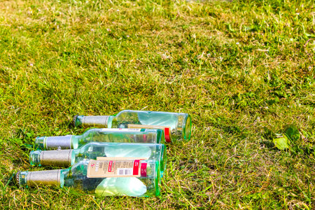 Bremerhaven Bremen Germany June 6th 2010 Empty Becks beer bottles on the lawn in Leherheide Bremerhaven Bremen Germany.のeditorial素材