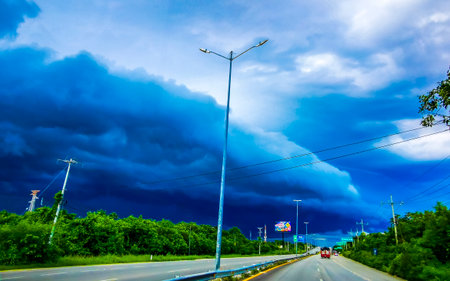 Carmen Quintana Roo Mexico September 24, 2023 Driving on highway in car through tropical storm rain and hurricane in Playa del Carmen Quintana Roo Mexico.のeditorial素材